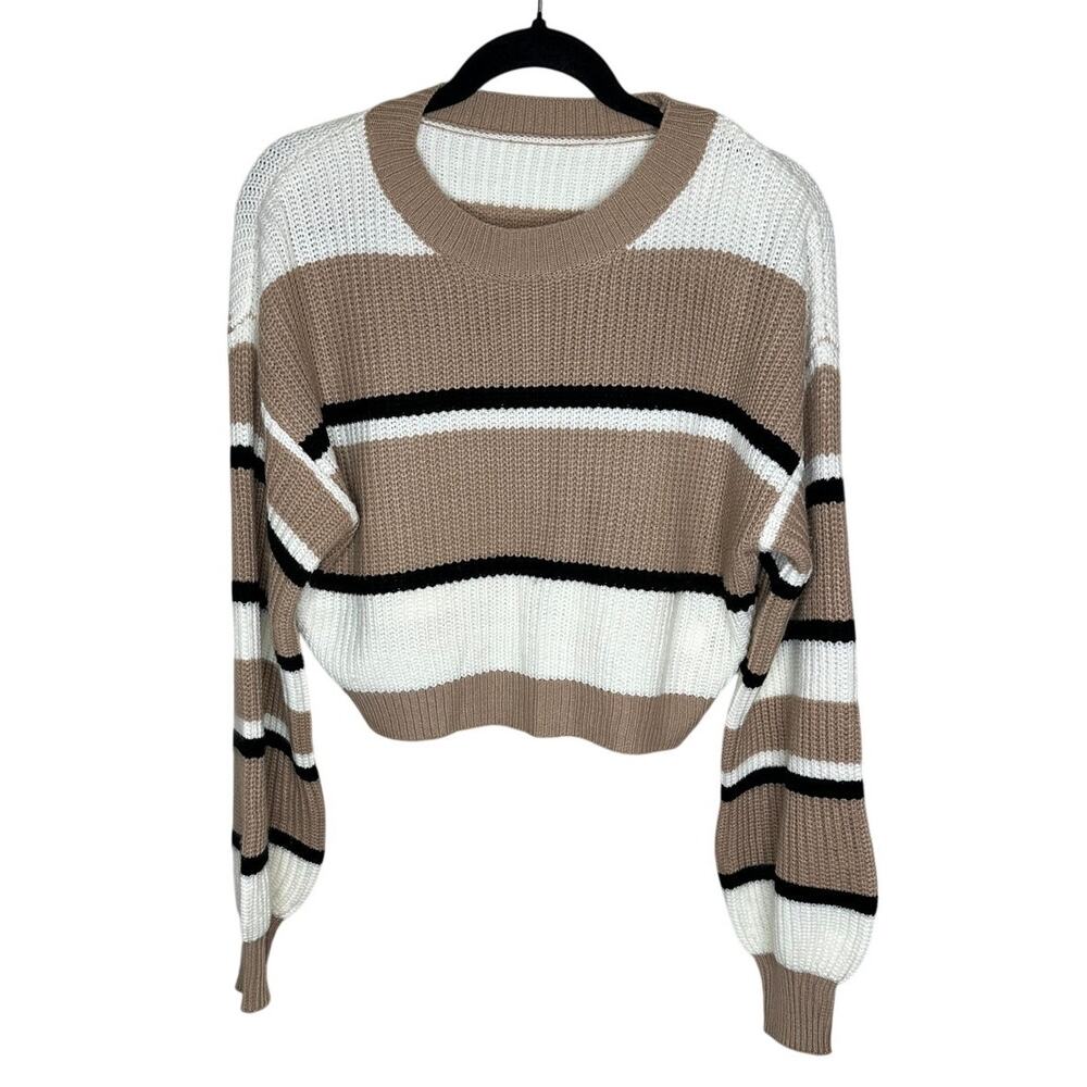 ZAFUL Brown White Striped Cropped Sweater Balloon Sleeve Boho Crewneck Women's 8